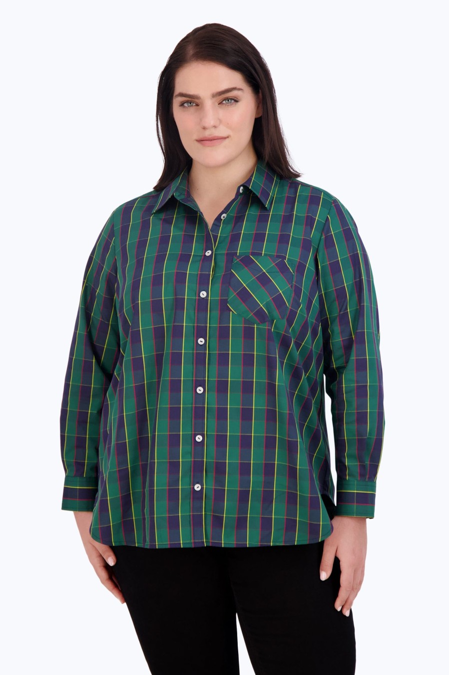 Women Foxcroft Tops | Boyfriend Plus No Iron Tartan Plaid Tunic Navy/Green/Yellow Tartan