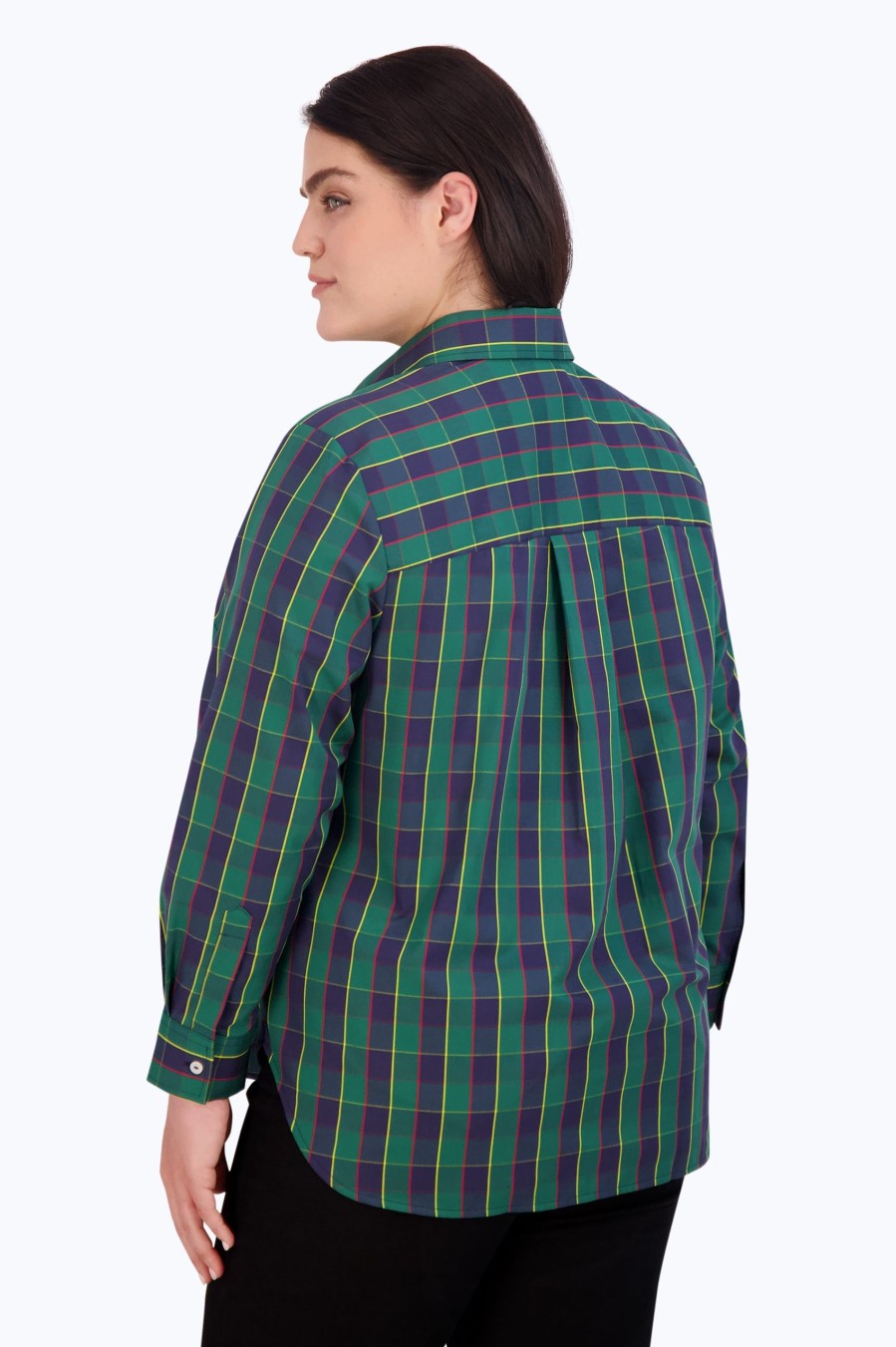 Women Foxcroft Tops | Boyfriend Plus No Iron Tartan Plaid Tunic Navy/Green/Yellow Tartan