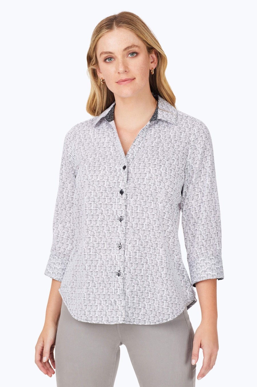 Women Foxcroft Tops | Mary Non-Iron Block Print Shirt Black Mini Block