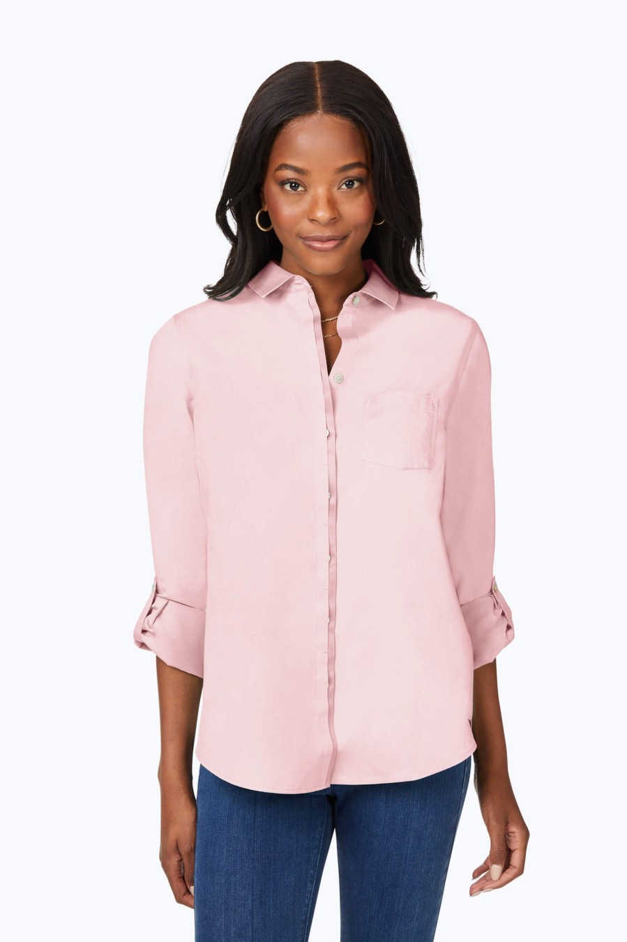 Women Foxcroft Tops | Charlie Pinpoint Non-Iron Roll Tab Shirt