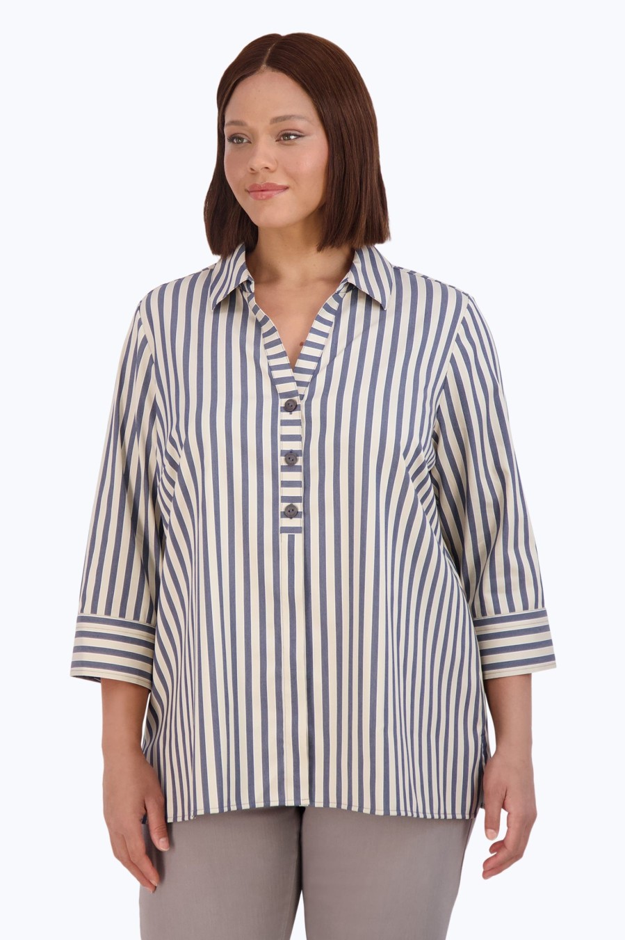 Women Foxcroft Tops | Andie Plus Non-Iron Navy Stripe Shirt Navy/Neutral Stripe