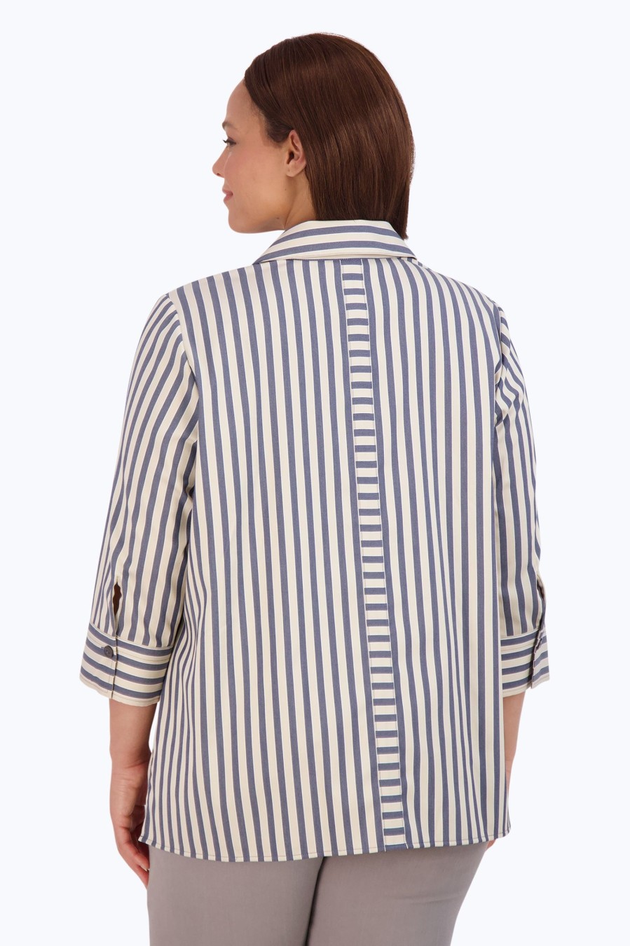 Women Foxcroft Tops | Andie Plus Non-Iron Navy Stripe Shirt Navy/Neutral Stripe