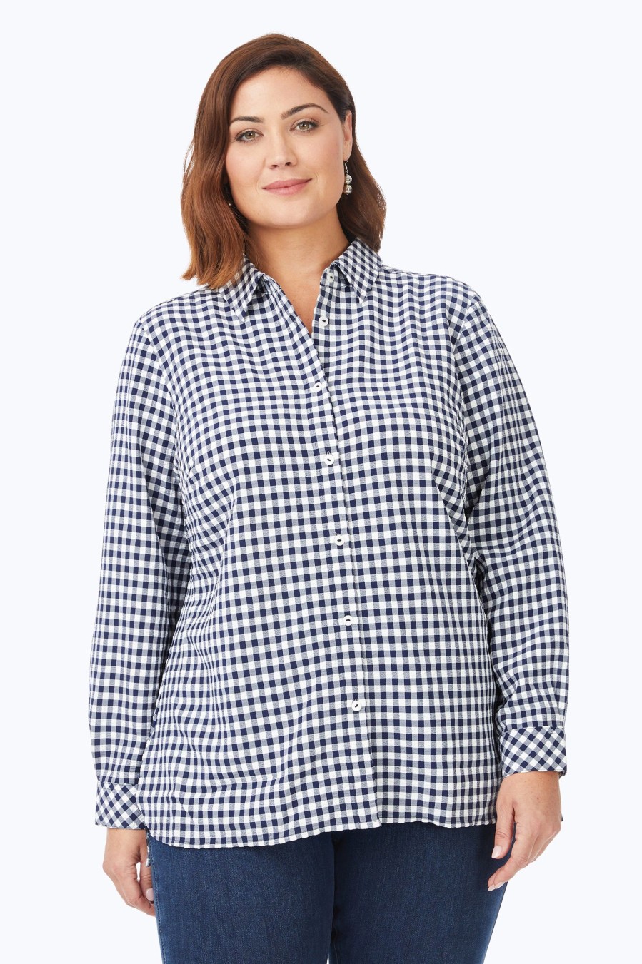 Women Foxcroft Tops | Harris Plus Stretchy Check Shirt Navy Multi Stretchy Check