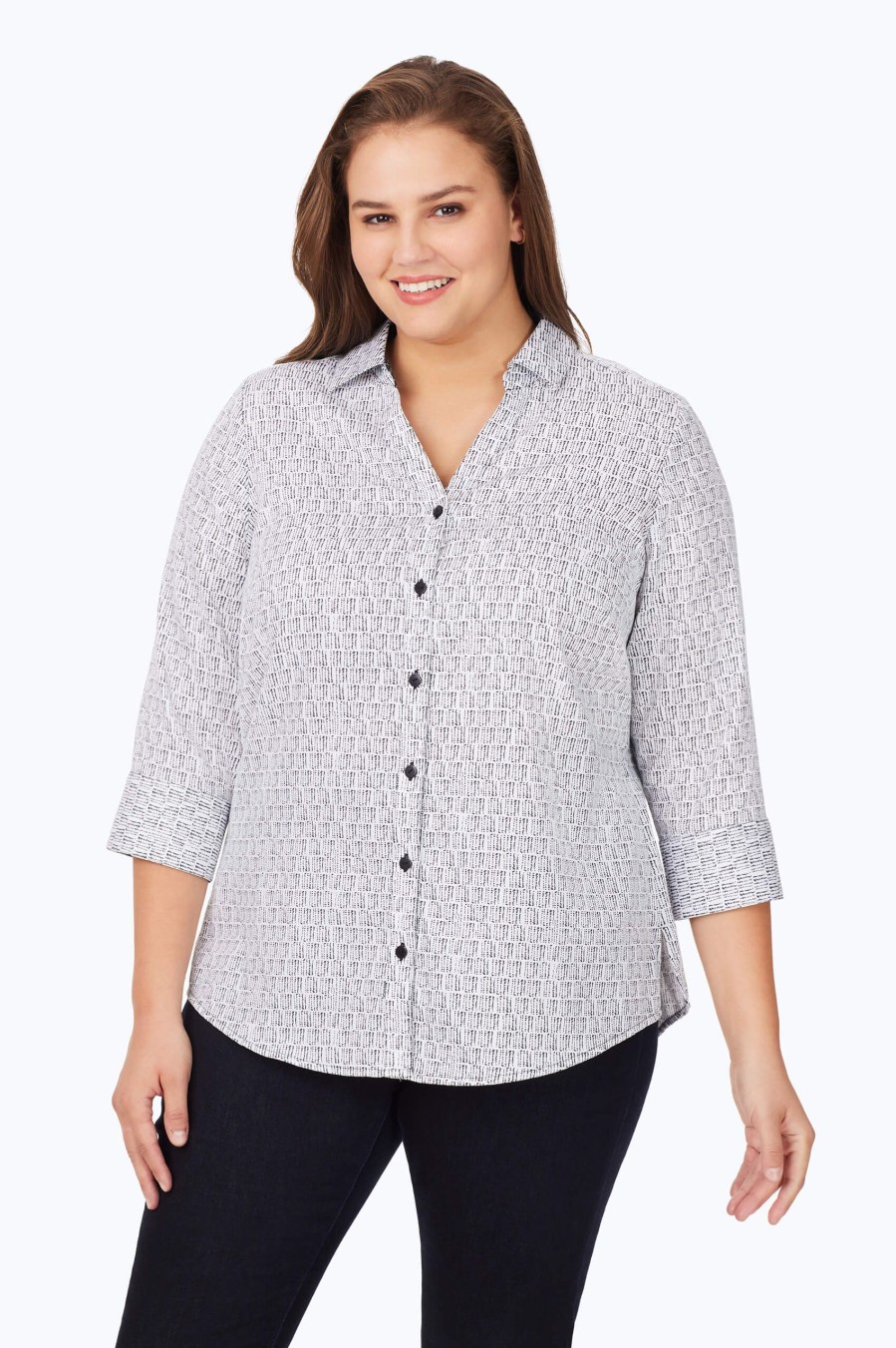 Women Foxcroft Tops | Mary Plus Non-Iron Block Print Shirt Black Mini Block