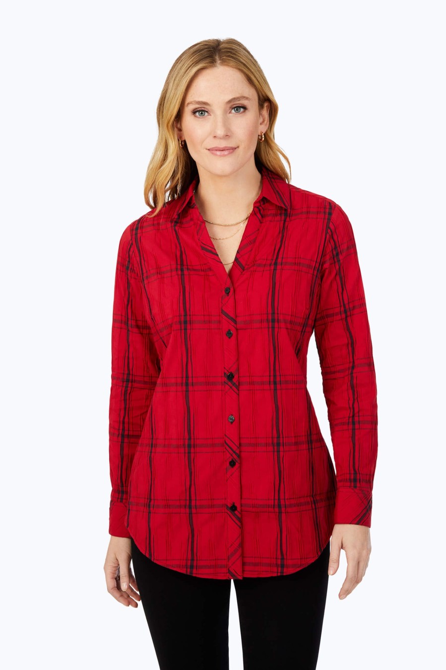 Women Foxcroft Tops | Faith Red Windowpane Crinkle Tunic Red Holiday Crinkle Windowpane