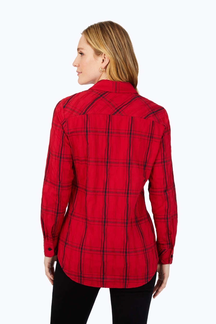 Women Foxcroft Tops | Faith Red Windowpane Crinkle Tunic Red Holiday Crinkle Windowpane