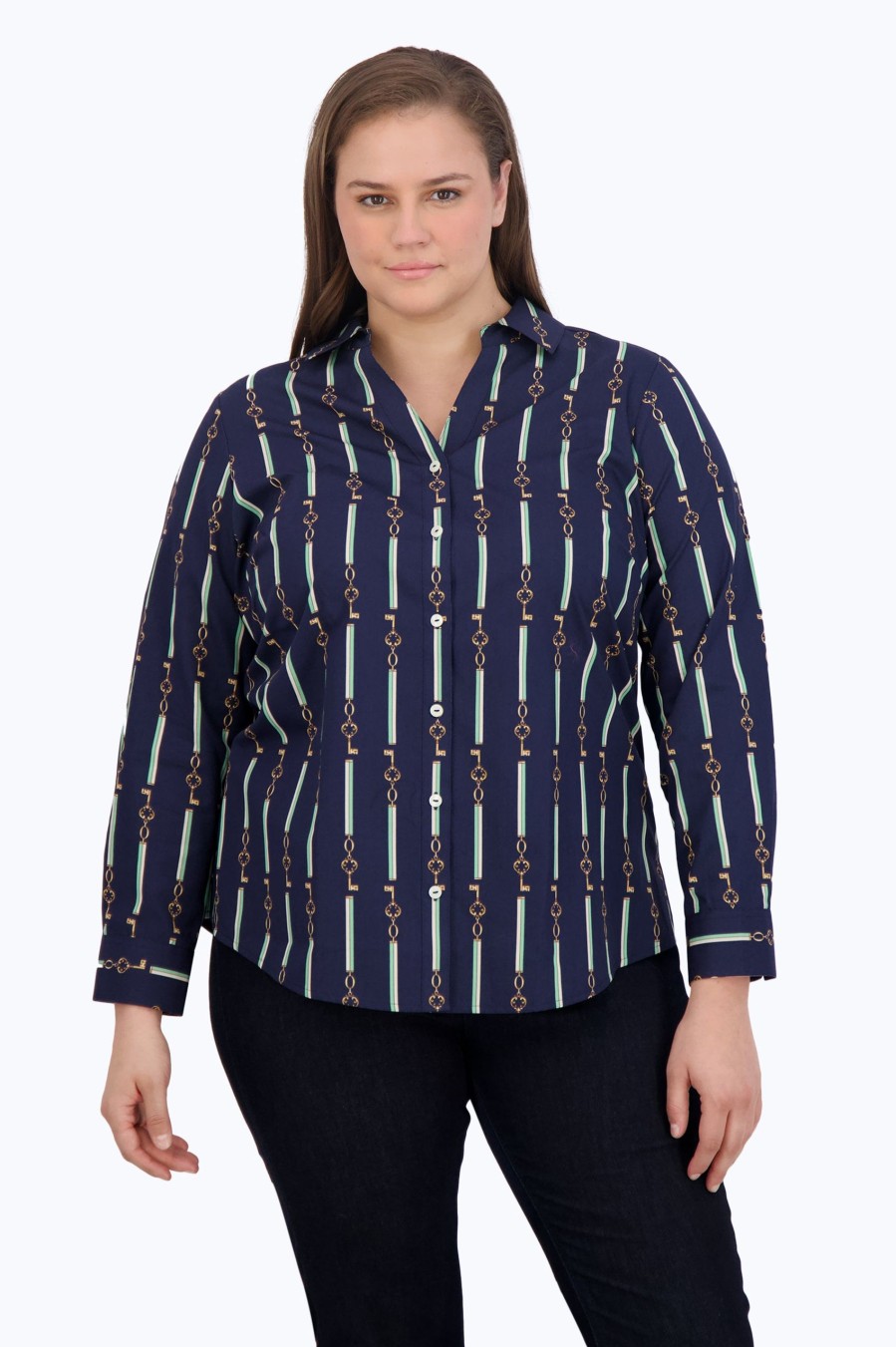 Women Foxcroft Tops | Mary Plus No Iron Keychain Stripe Shirt Navy Keychain Stripe