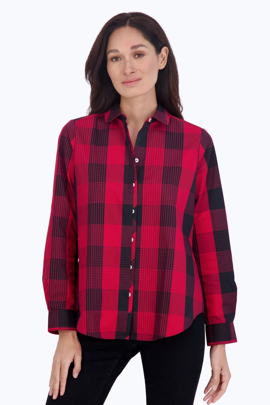 Women Foxcroft Tops | Charlie No Iron Buffalo Plaid Shirt Red/Black Buffalo Plaid