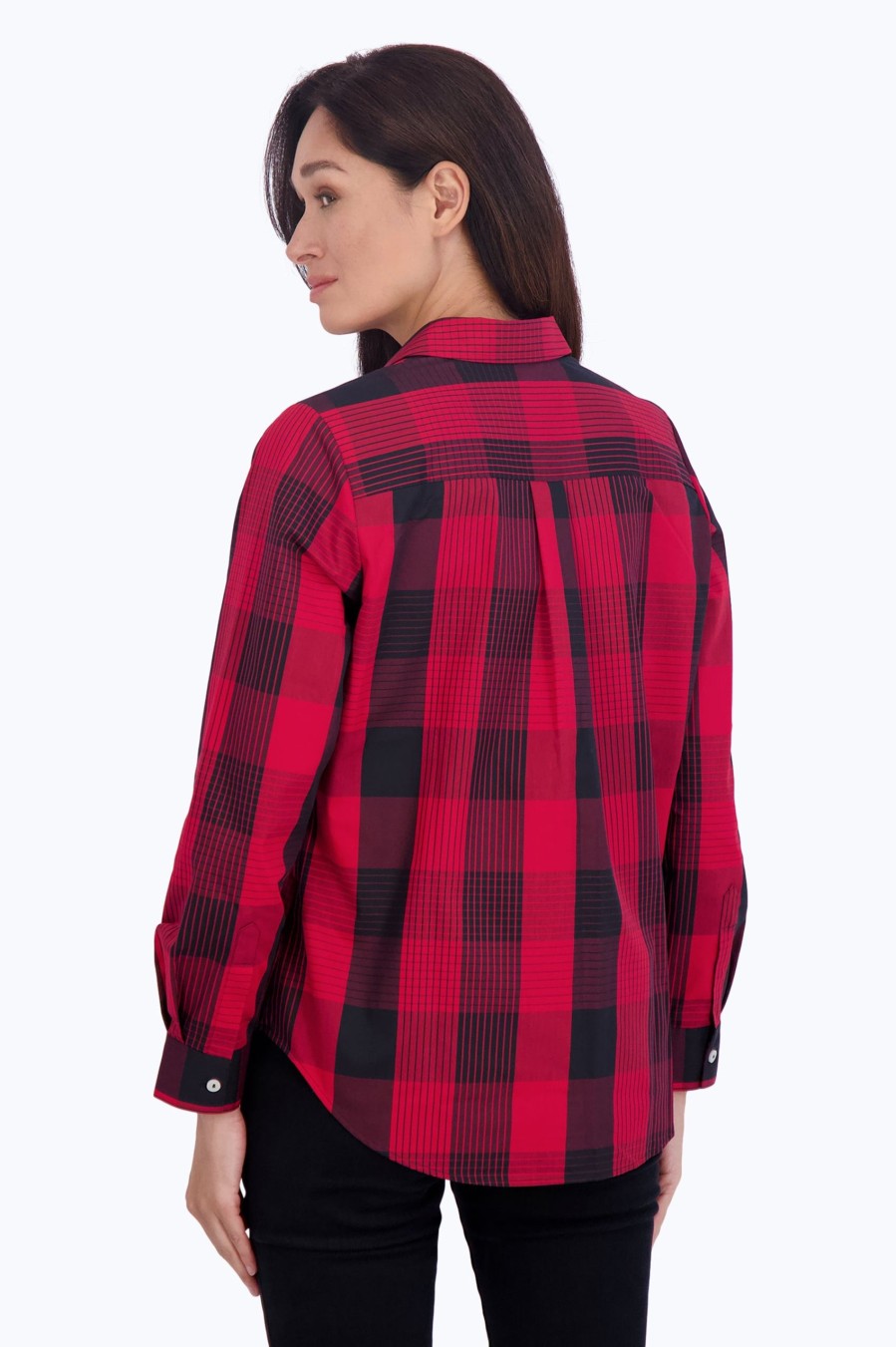 Women Foxcroft Tops | Charlie No Iron Buffalo Plaid Shirt Red/Black Buffalo Plaid