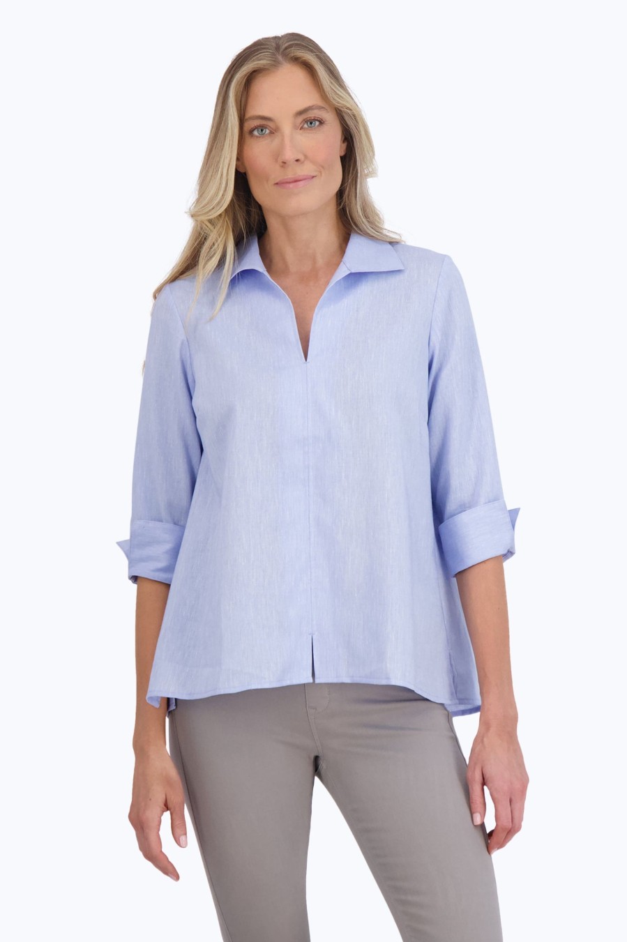 Women Foxcroft Tops | Agnes Easy Care Solid Linen Popover Shirt