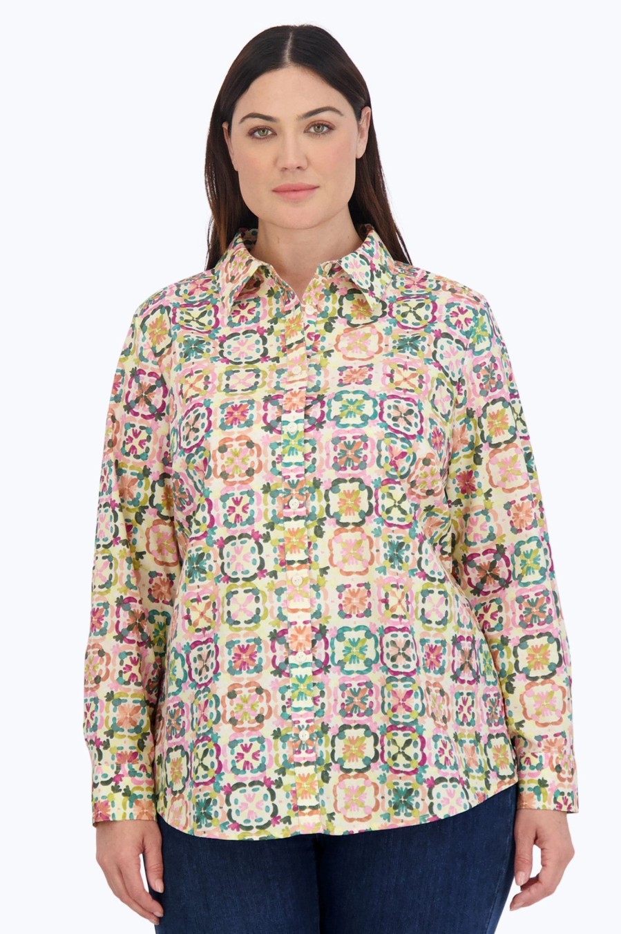 Women Foxcroft Tops | Zoey Plus No Iron Watercolor Tile Shirt Multi Watercolor Tile