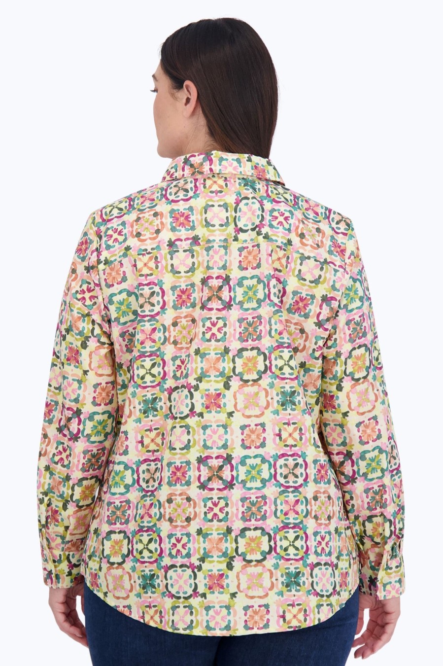 Women Foxcroft Tops | Zoey Plus No Iron Watercolor Tile Shirt Multi Watercolor Tile