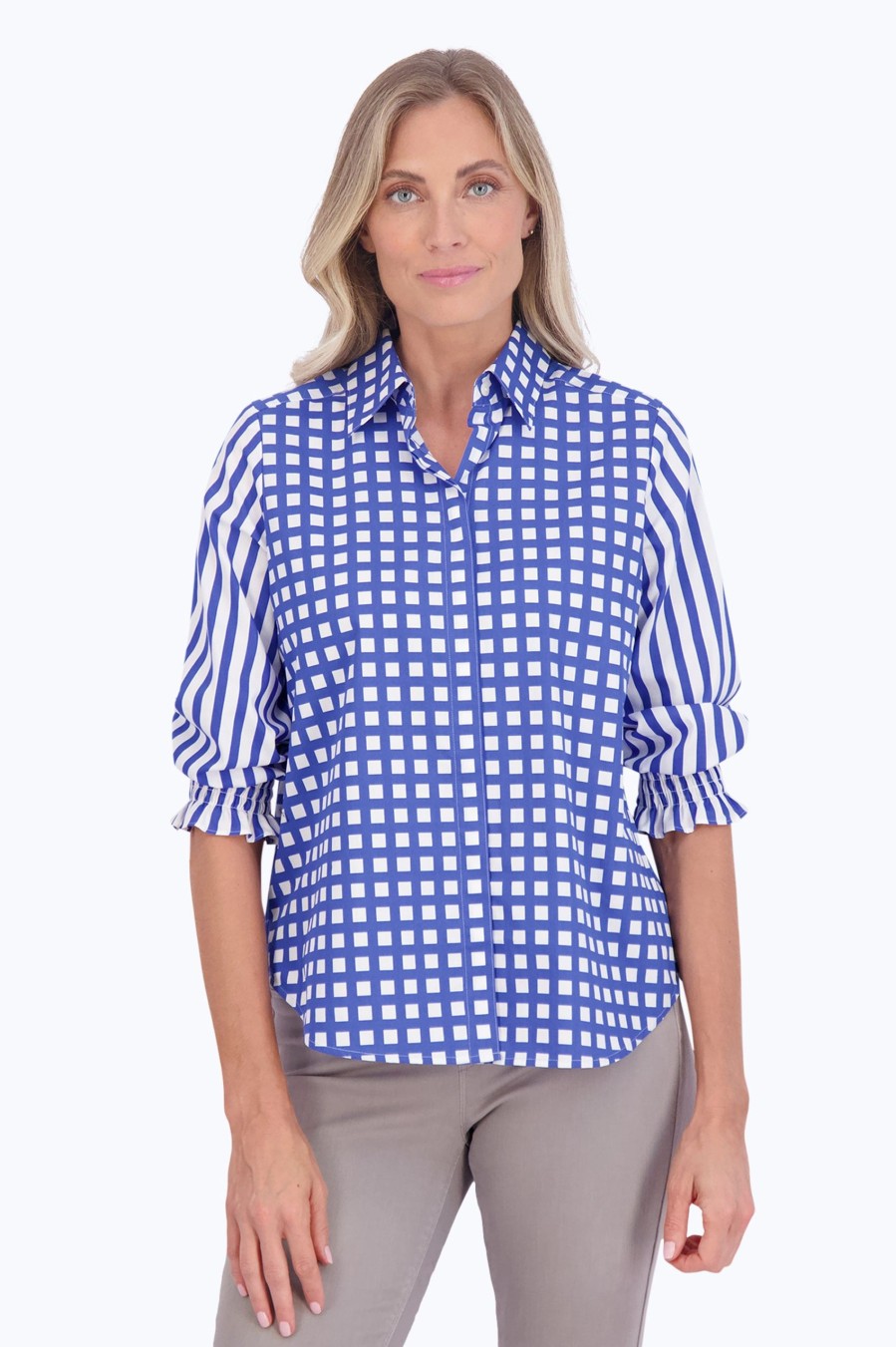 Women Foxcroft Tops | Olivia No Iron Gingham Stripe Combo Shirt Cornflower Blue/White Multi