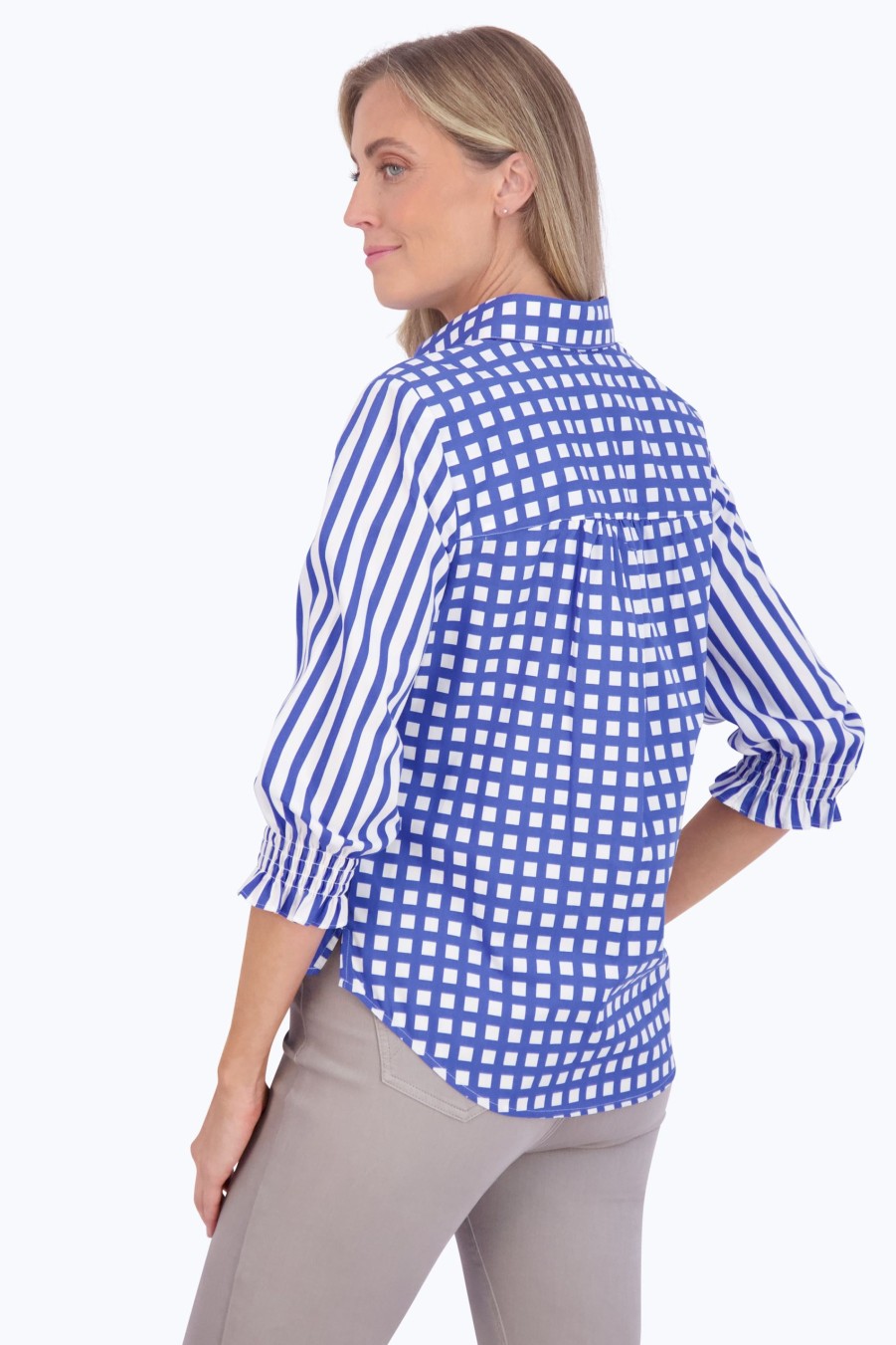 Women Foxcroft Tops | Olivia No Iron Gingham Stripe Combo Shirt Cornflower Blue/White Multi