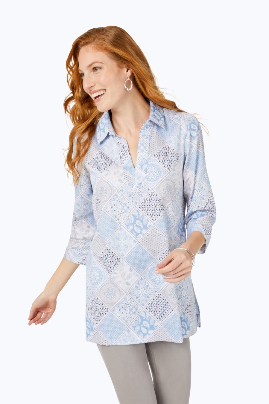 Women Foxcroft Tops | Angel Patchwork Non-Iron Tunic Blue Freesia Patchwork