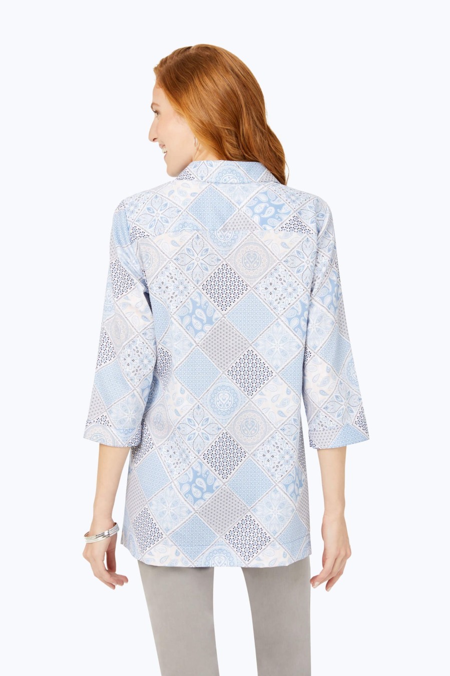 Women Foxcroft Tops | Angel Patchwork Non-Iron Tunic Blue Freesia Patchwork