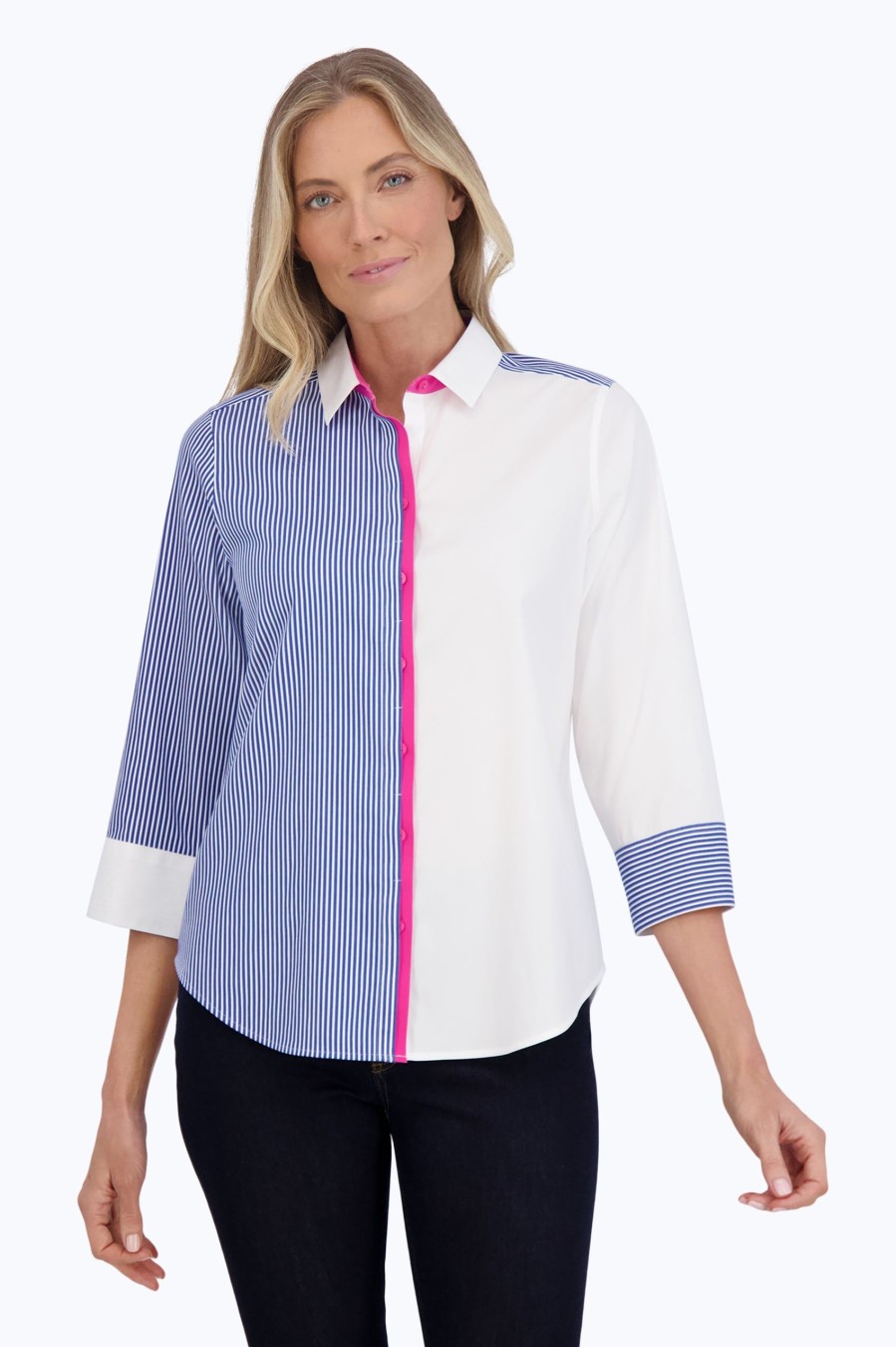 Women Foxcroft Tops | Charlie Stretch No Iron Colorblock Stripe Shirt Twilight Blue Multi