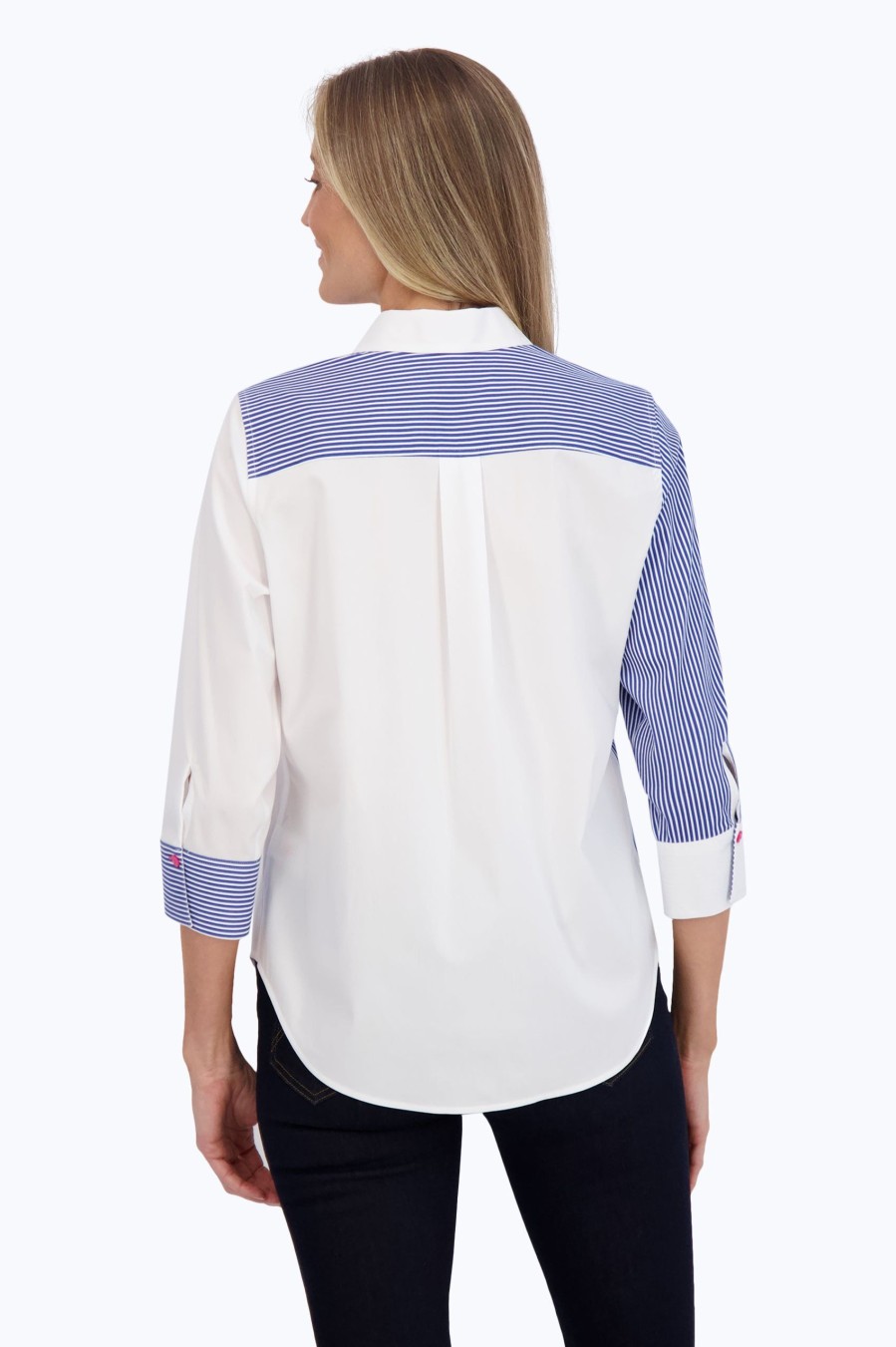 Women Foxcroft Tops | Charlie Stretch No Iron Colorblock Stripe Shirt Twilight Blue Multi