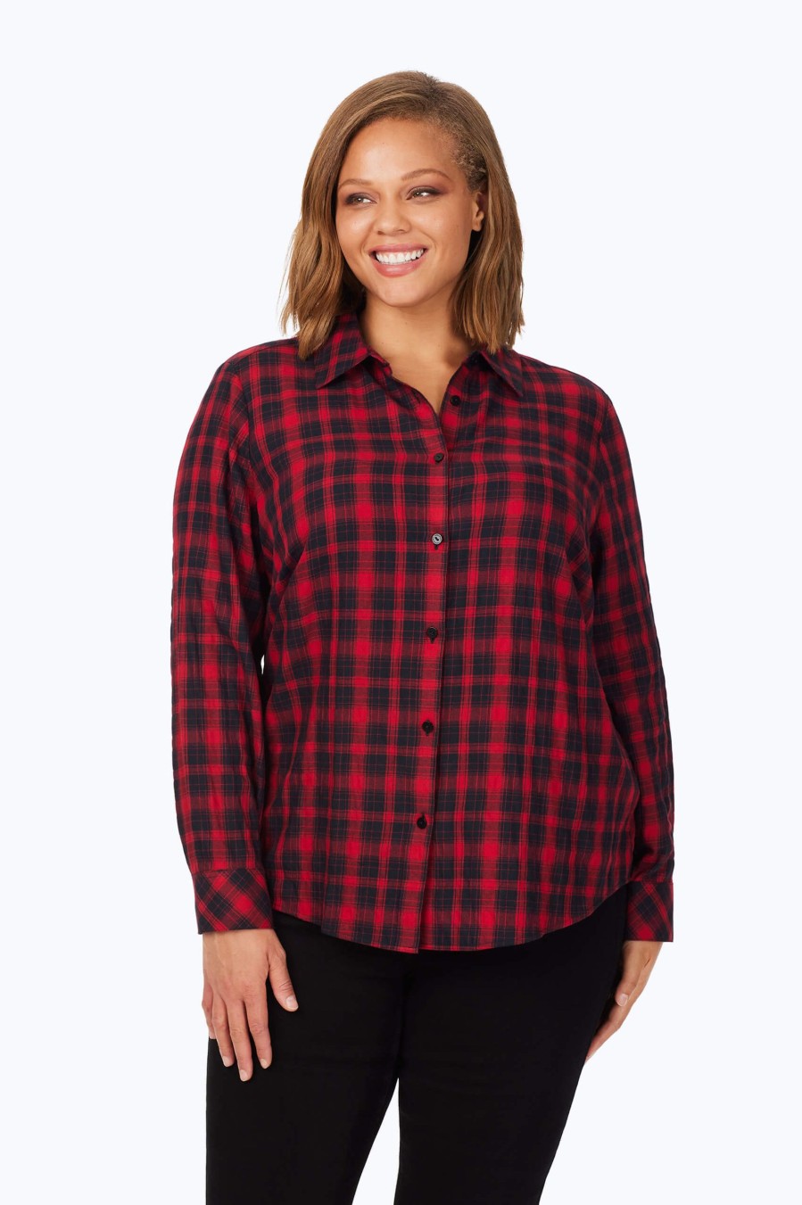 Women Foxcroft Tops | Rhea Plus Brushed Scotch Plaid Shirt Black Red Scotch Plaid