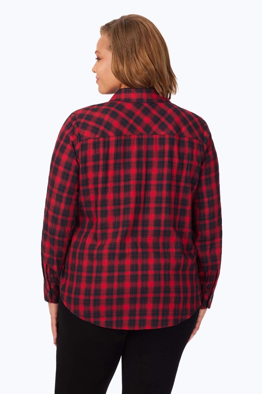 Women Foxcroft Tops | Rhea Plus Brushed Scotch Plaid Shirt Black Red Scotch Plaid