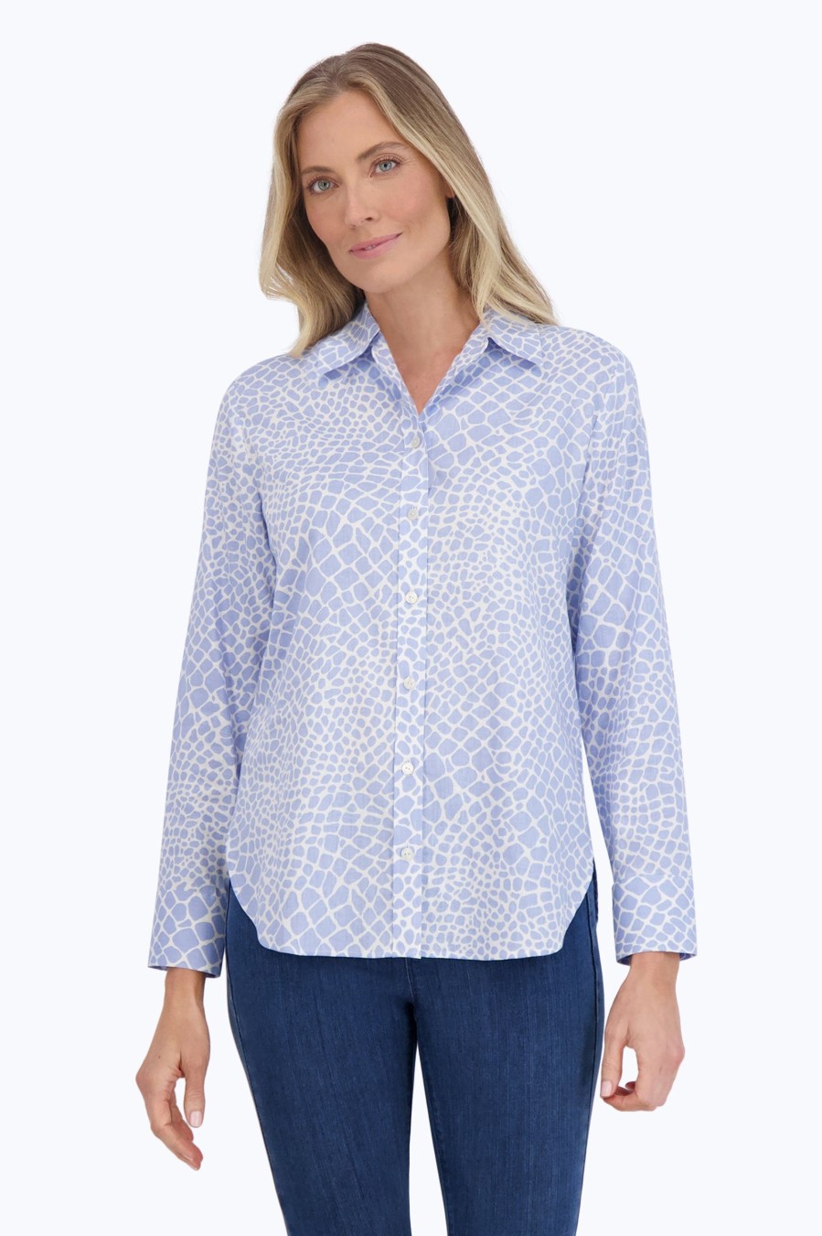 Women Foxcroft Tops | Meghan Easy Care Linen Giraffe Shirt Blue/White Giraffe