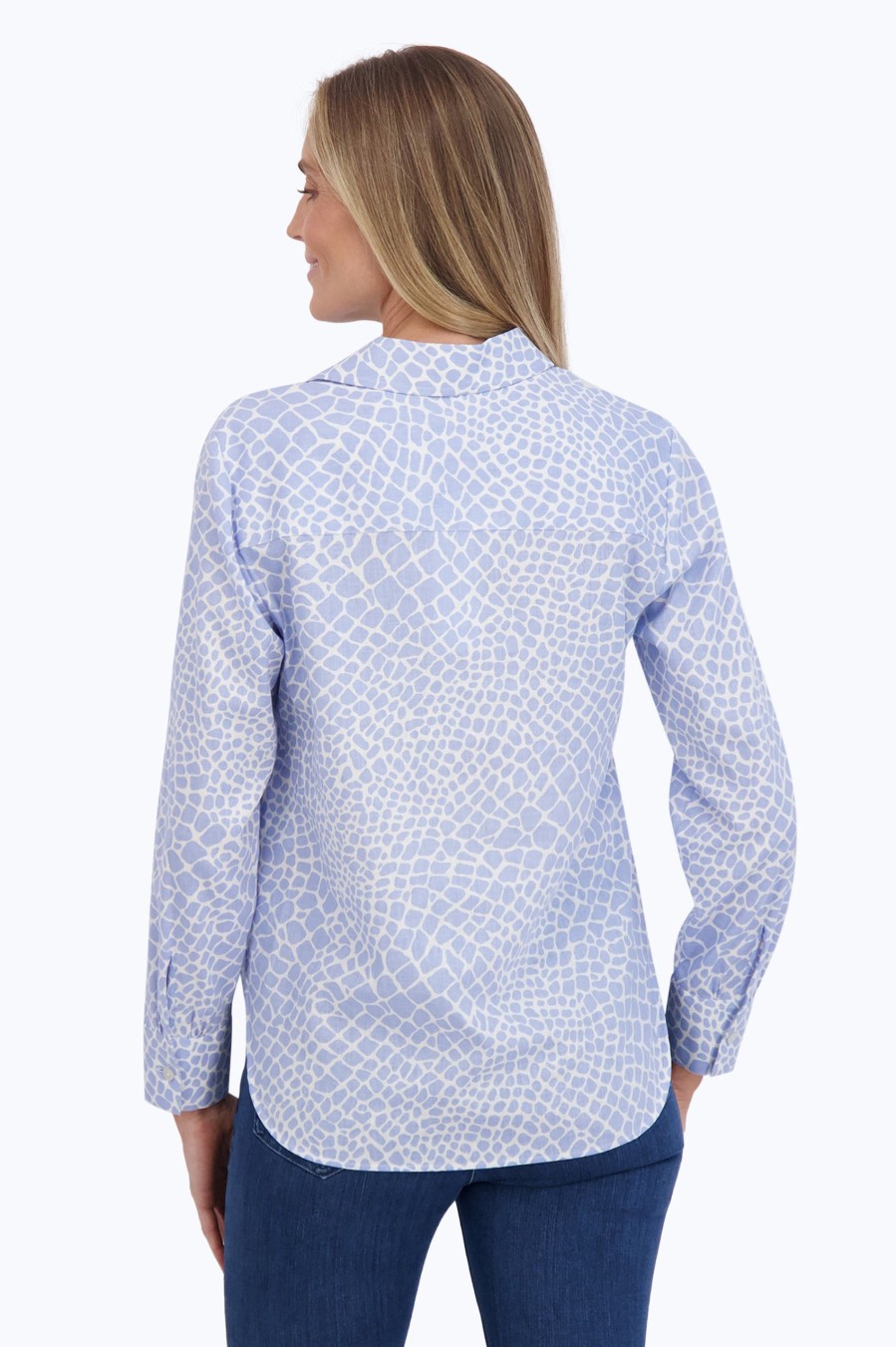 Women Foxcroft Tops | Meghan Easy Care Linen Giraffe Shirt Blue/White Giraffe