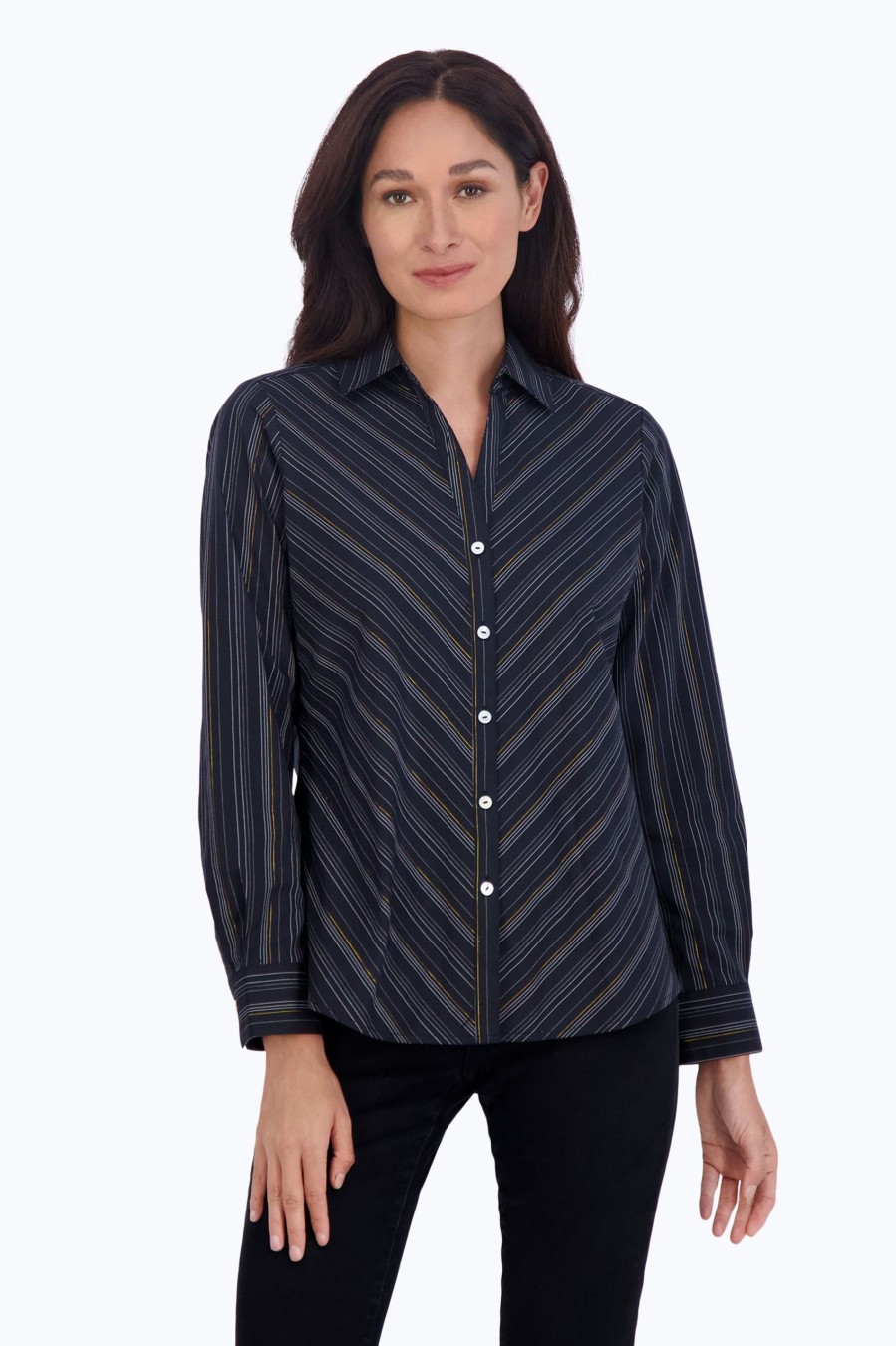 Women Foxcroft Tops | Mary No Iron Lurex Stripe Shirt