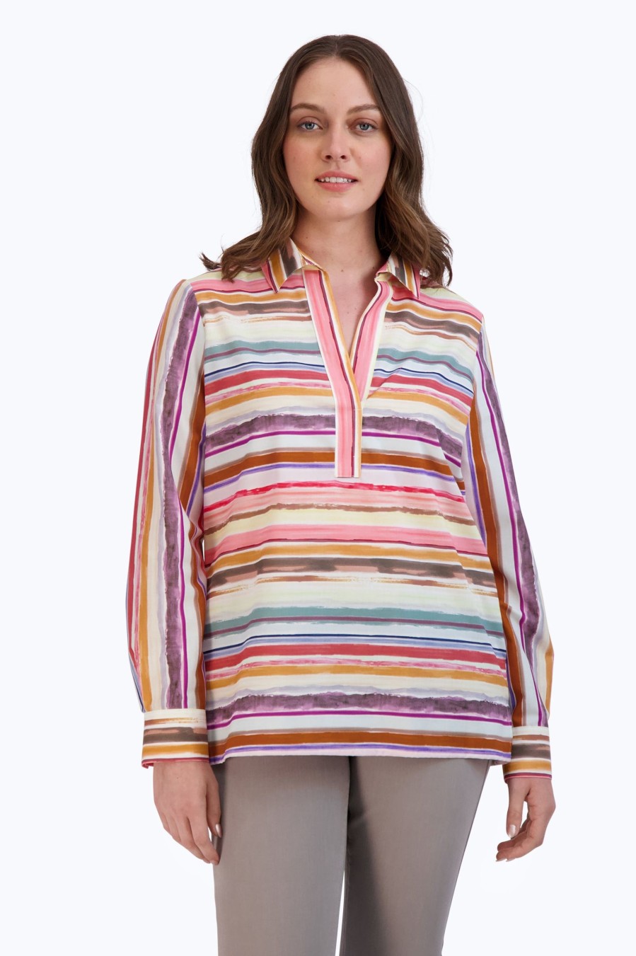 Women Foxcroft Tops | Sophia No Iron Watercolor Stripe Popover Multi Watercolor Stripe