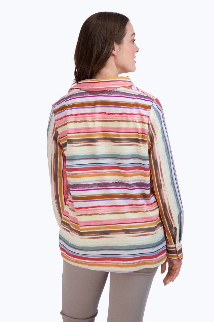 Women Foxcroft Tops | Sophia No Iron Watercolor Stripe Popover Multi Watercolor Stripe