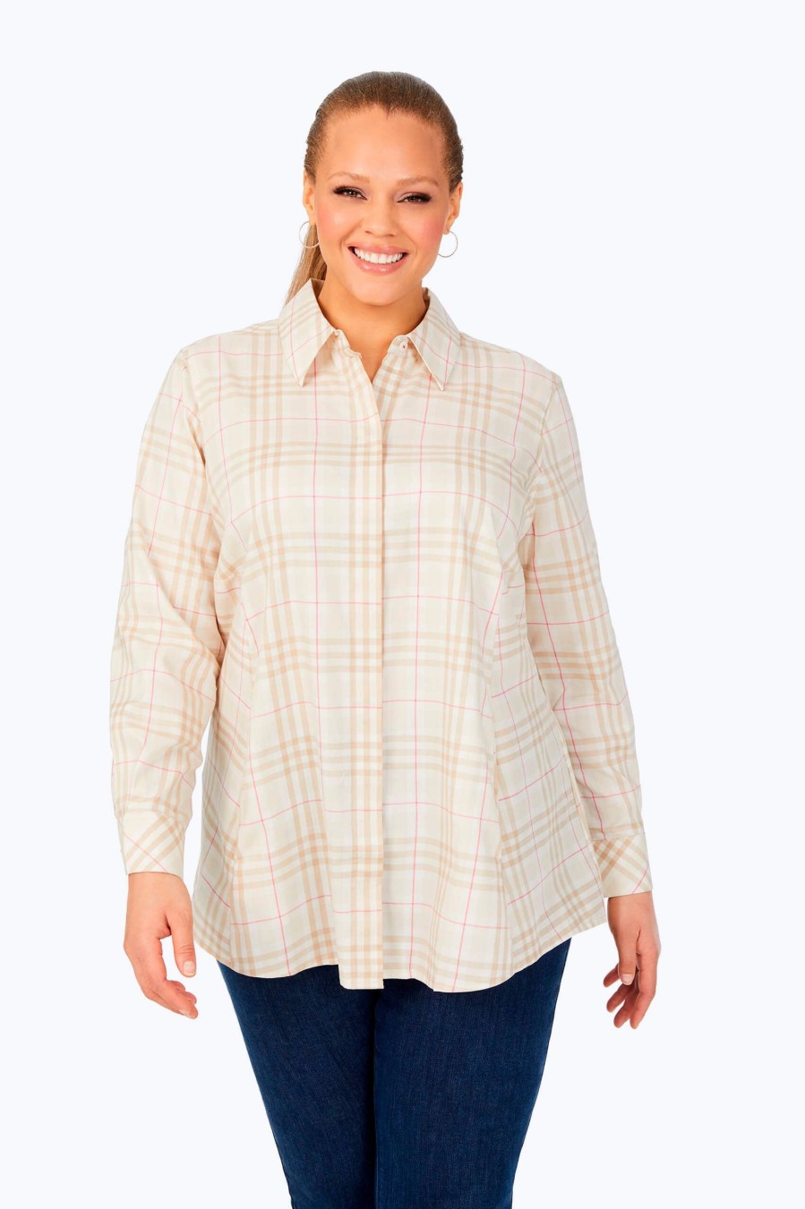 Women Foxcroft Tops | Cici Plus Non-Iron Warm Plaid Tunic Birchwood Warm Plaid